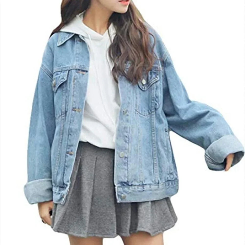 Oversized Denim Jacket Women's Boyfriend Fit Long Sleeve Cozy